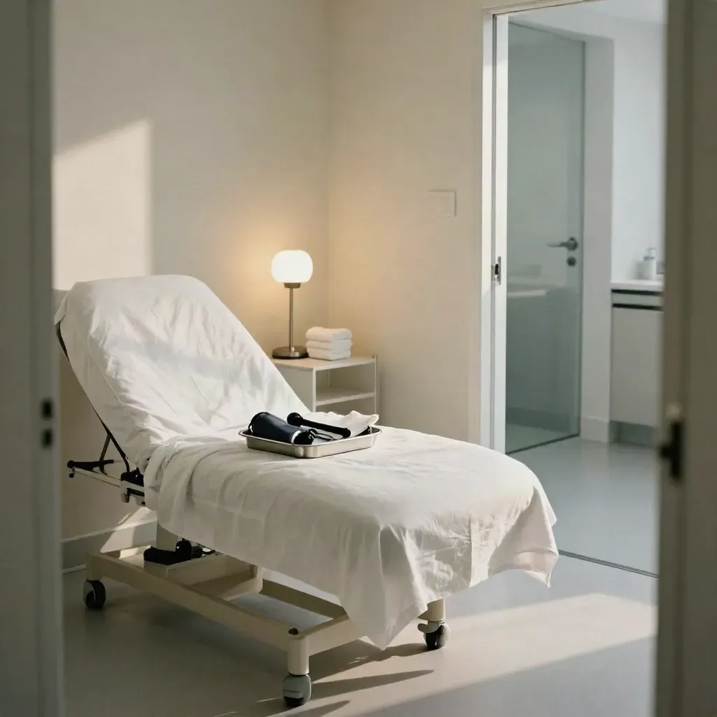 Empty private GP consultation room with exam couch, lamp, towel stack and instrument tray.