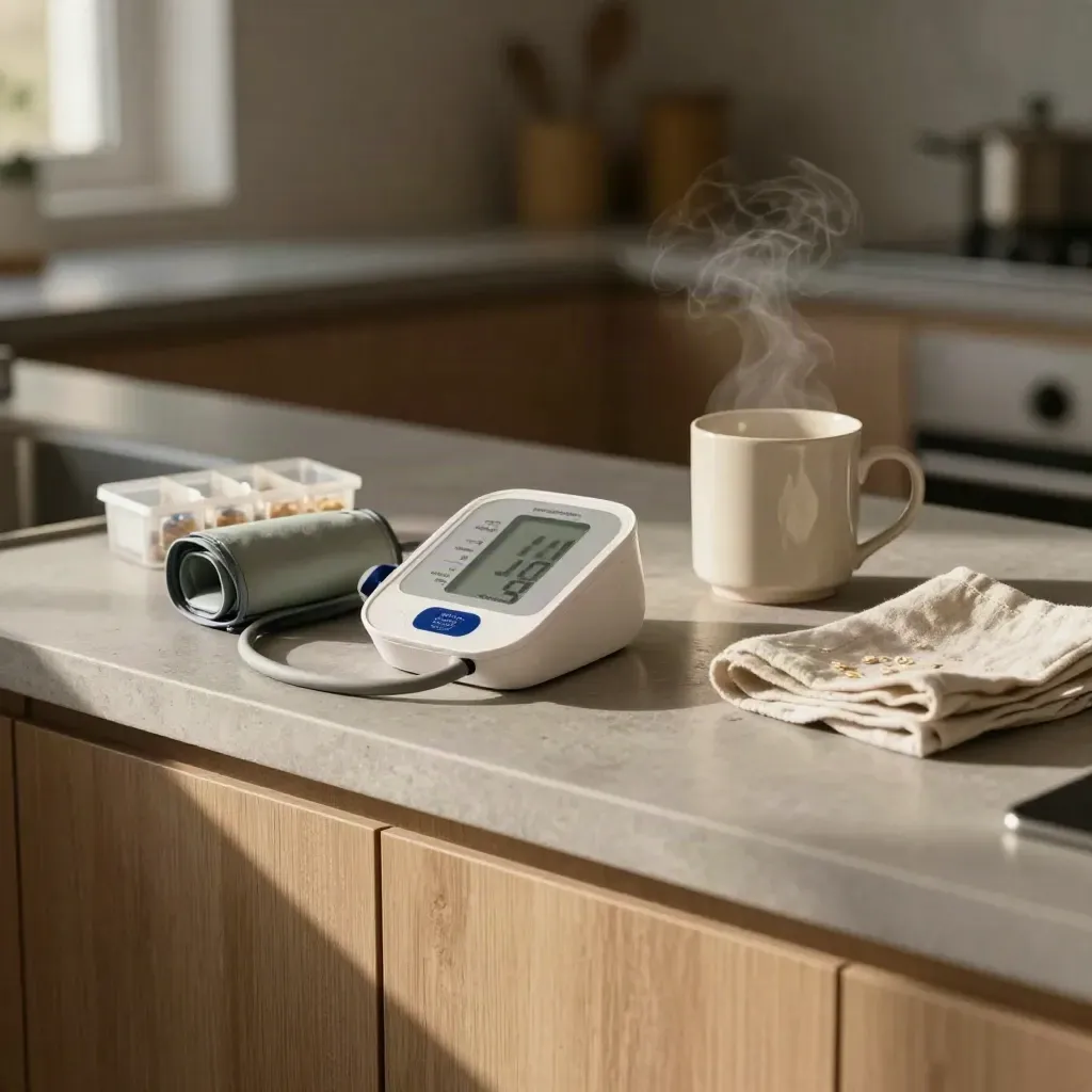 Kitchen counter with BP monitor, pill organiser, salt cellar, and morning steam in warm light.