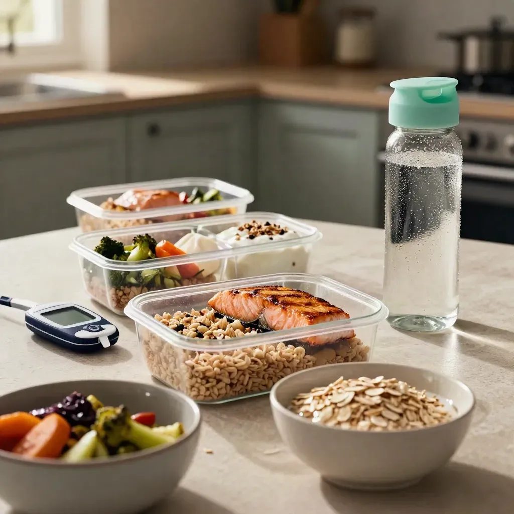 Meal-prep containers, glucose meter, oat bowl and water bottle on a pale kitchen counter.