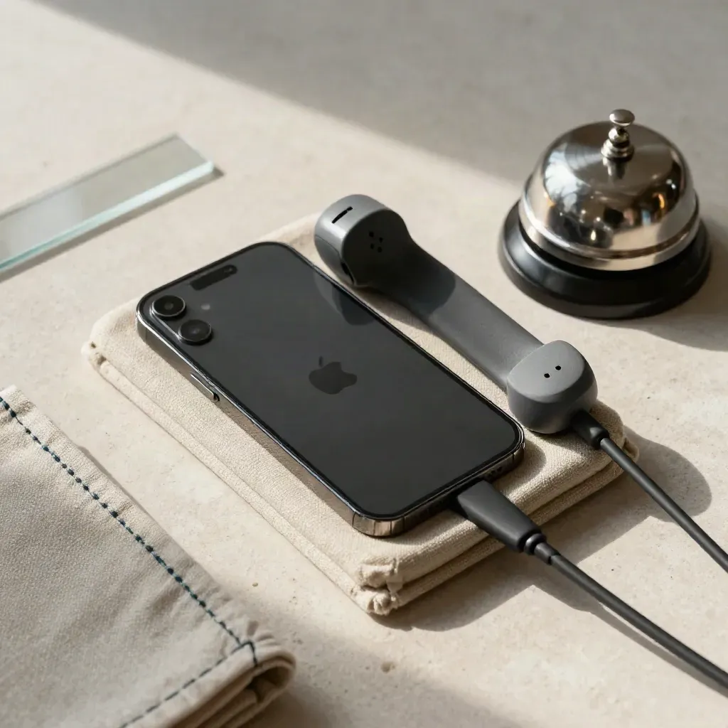 Overhead flatlay of a smartphone, wireless handset and desk bell on a linen cradle.