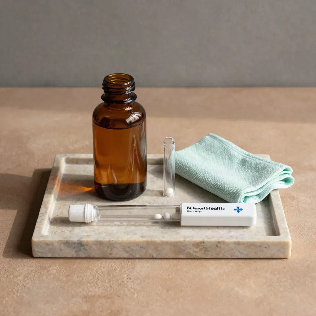 Amber bottle, sample tube and pill organiser on a stone tray with a pale mint cloth