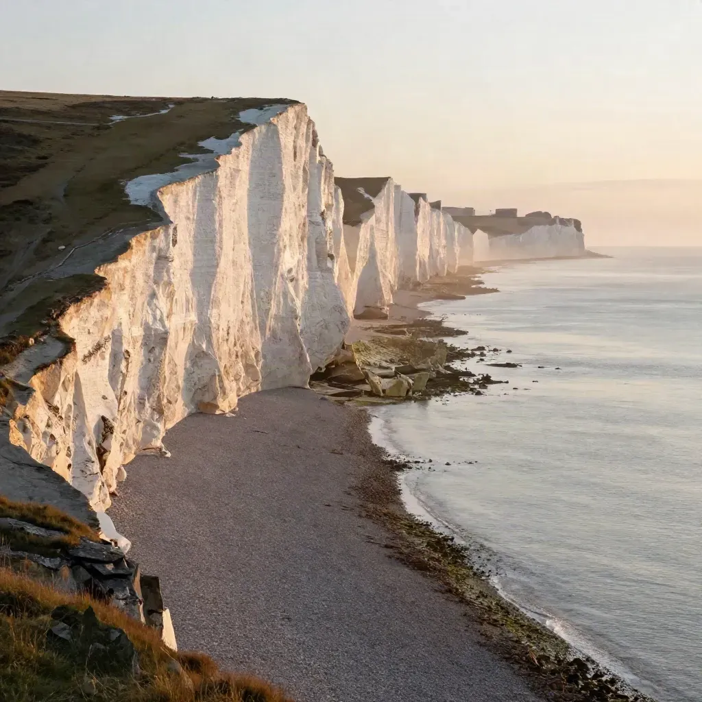 Golden-hour Seven Sisters cliffs above pale shingle and misty sea, calm open foreground.